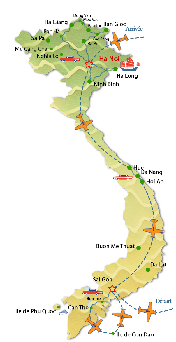 Carte du Circuit culturel au Vietnam en 2026 par l'agence locale Tonkin Voyage